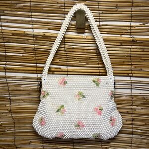 Vintage  Beaded Floral Shoulder Bag - White with Pink Flowers